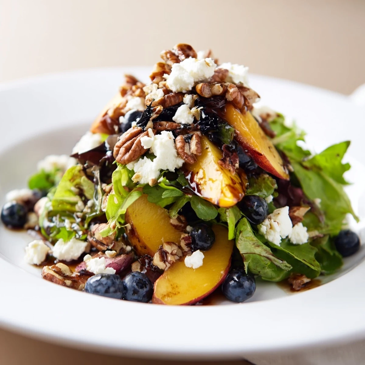 Colorful layered salad with juicy blueberries, ripe peach slices, and crumbled feta cheese