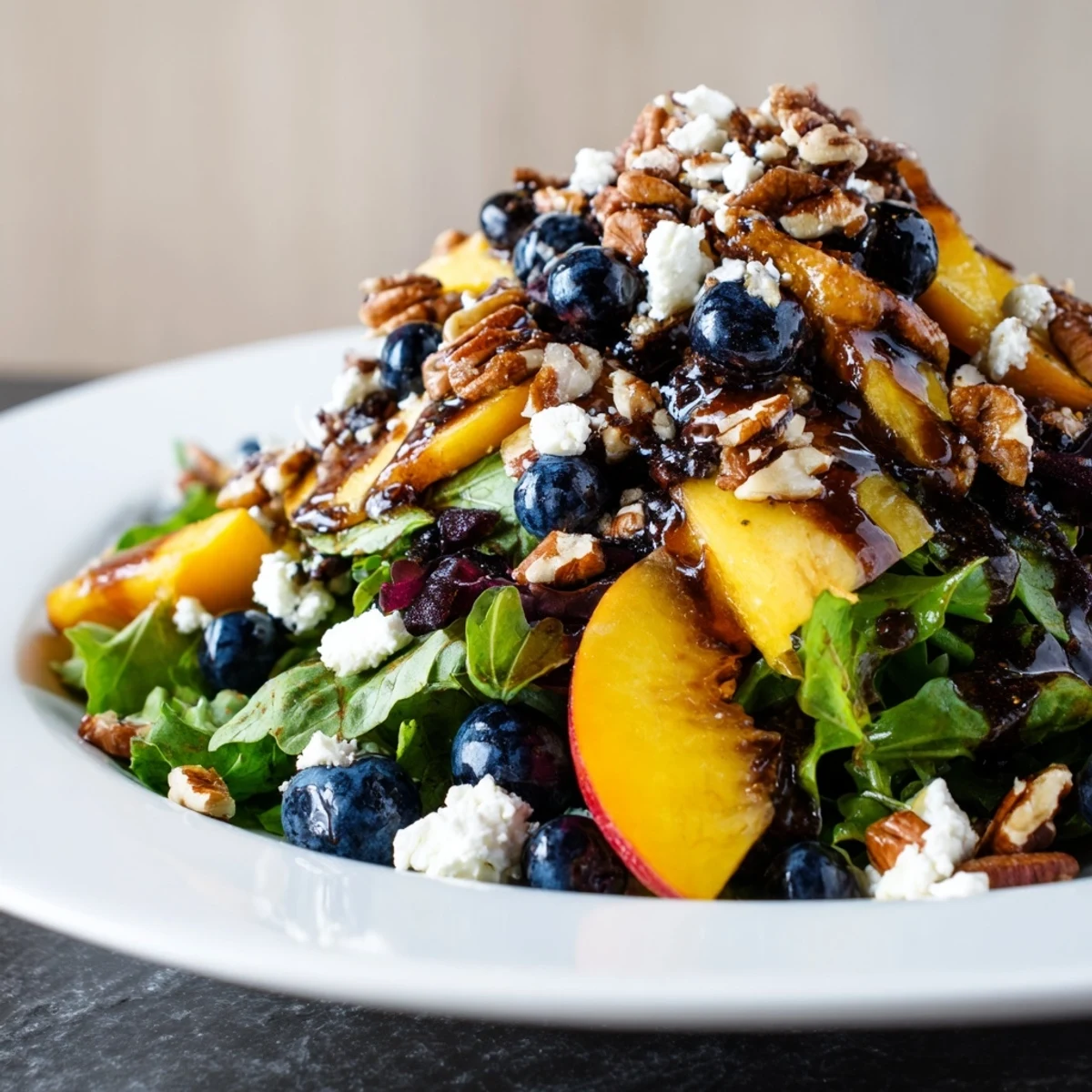 Summer blueberry peach feta salad served in white bowl with toasted pecan garnish