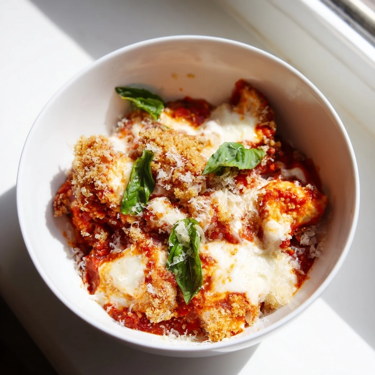 Golden brown chicken topped with melted mozzarella and marinara sauce in a bowl