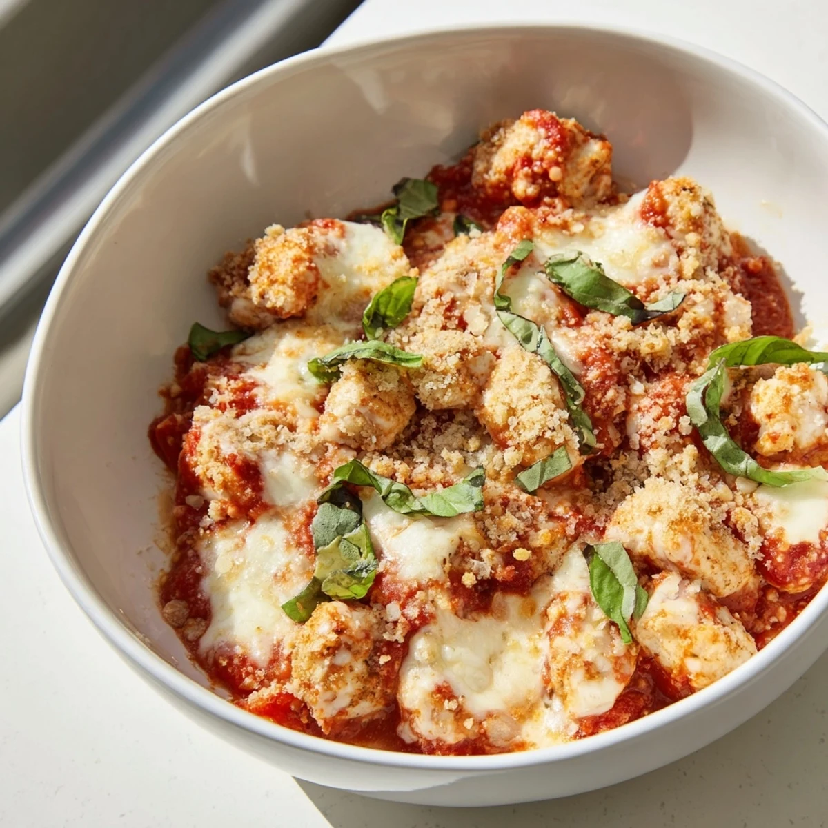 High protein cottage cheese bowl featuring crispy breadcrumbs and fresh basil garnish