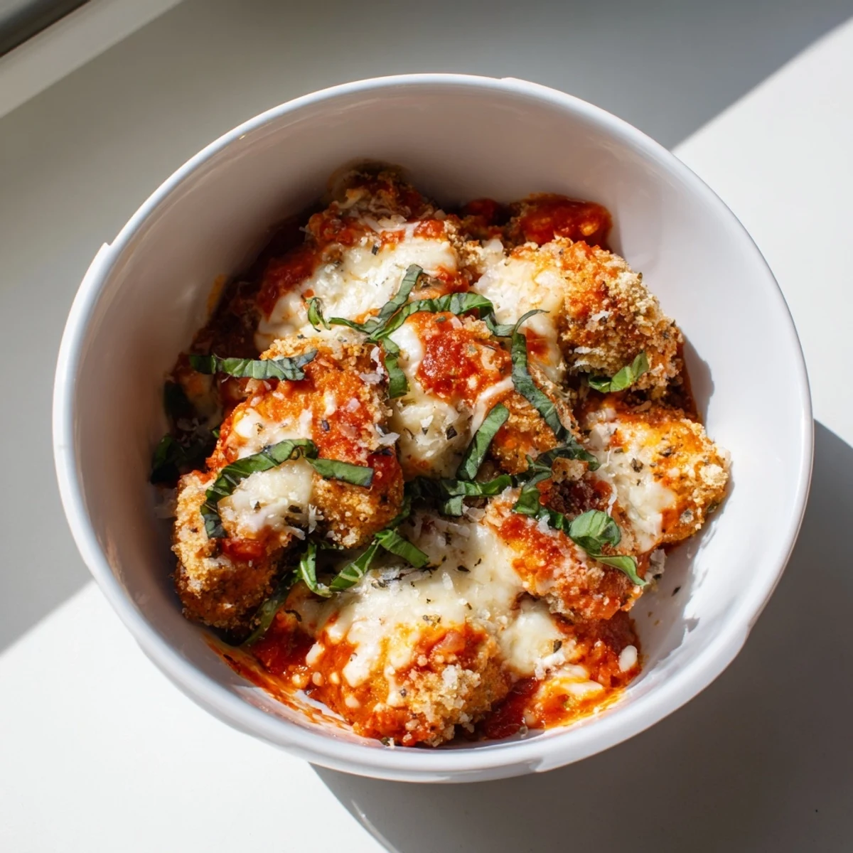 Nutritious Chicken Parm bowl with bubbling cheese and toasted panko topping