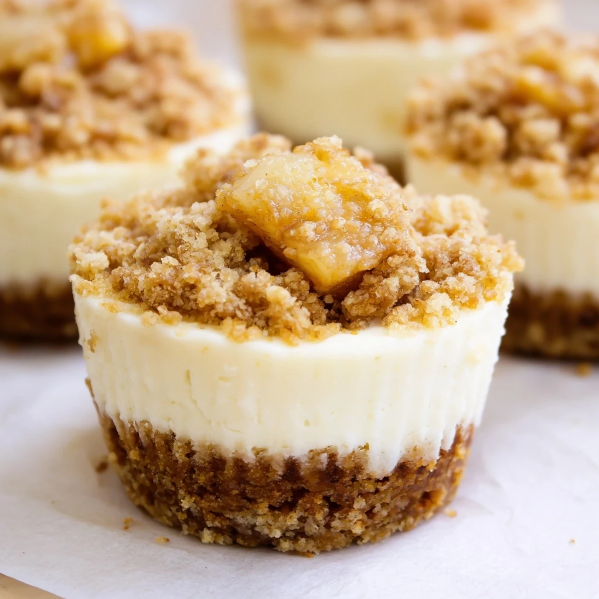 Individual apple crisp mini cheesecakes with buttery oat topping and rich cheesecake filling