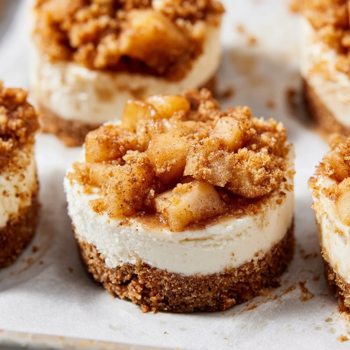 Golden apple crisp mini cheesecakes featuring warm spiced apples atop creamy cheesecake crusts
