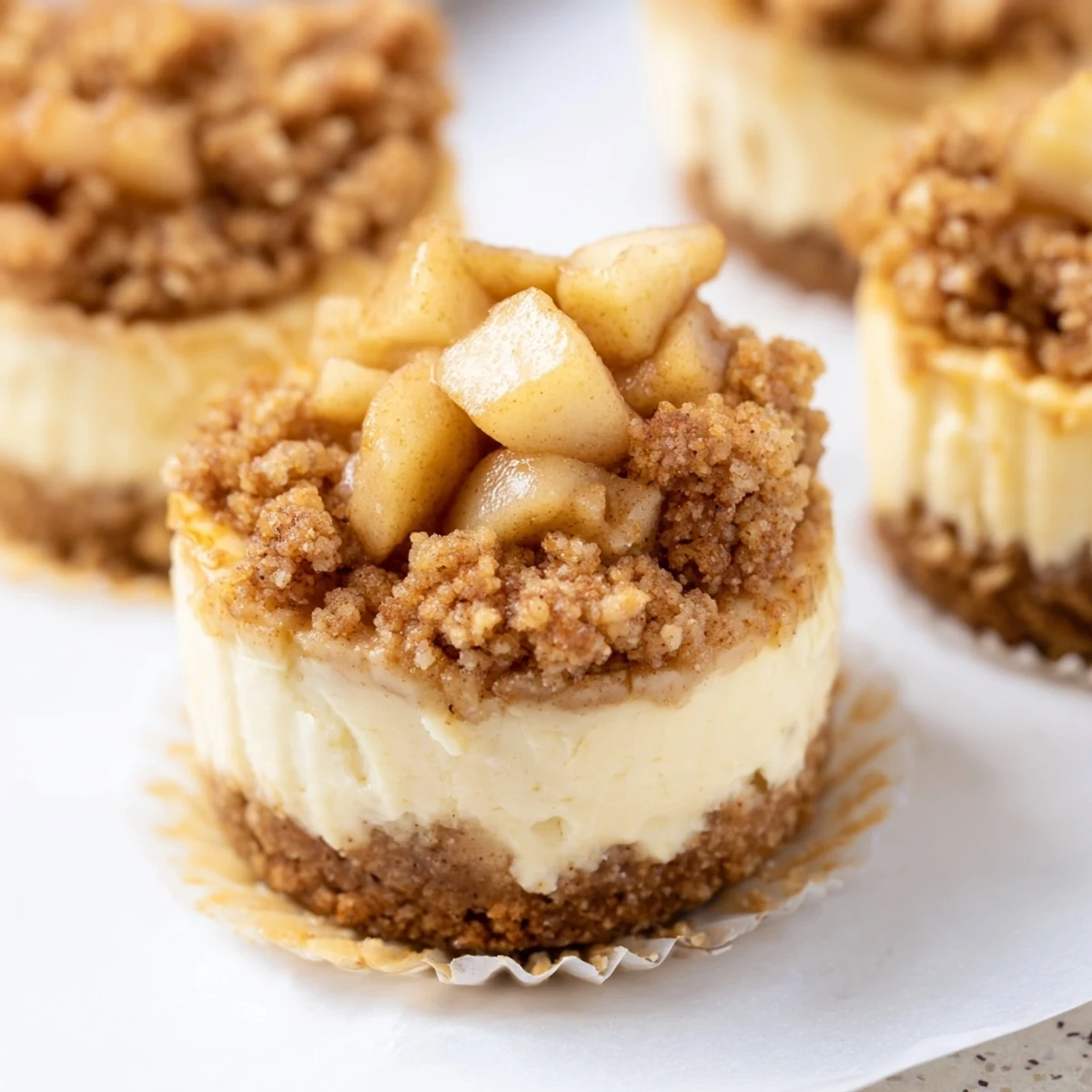 Mini cheesecakes topped with caramelized apple crisp in a muffin tin for easy serving