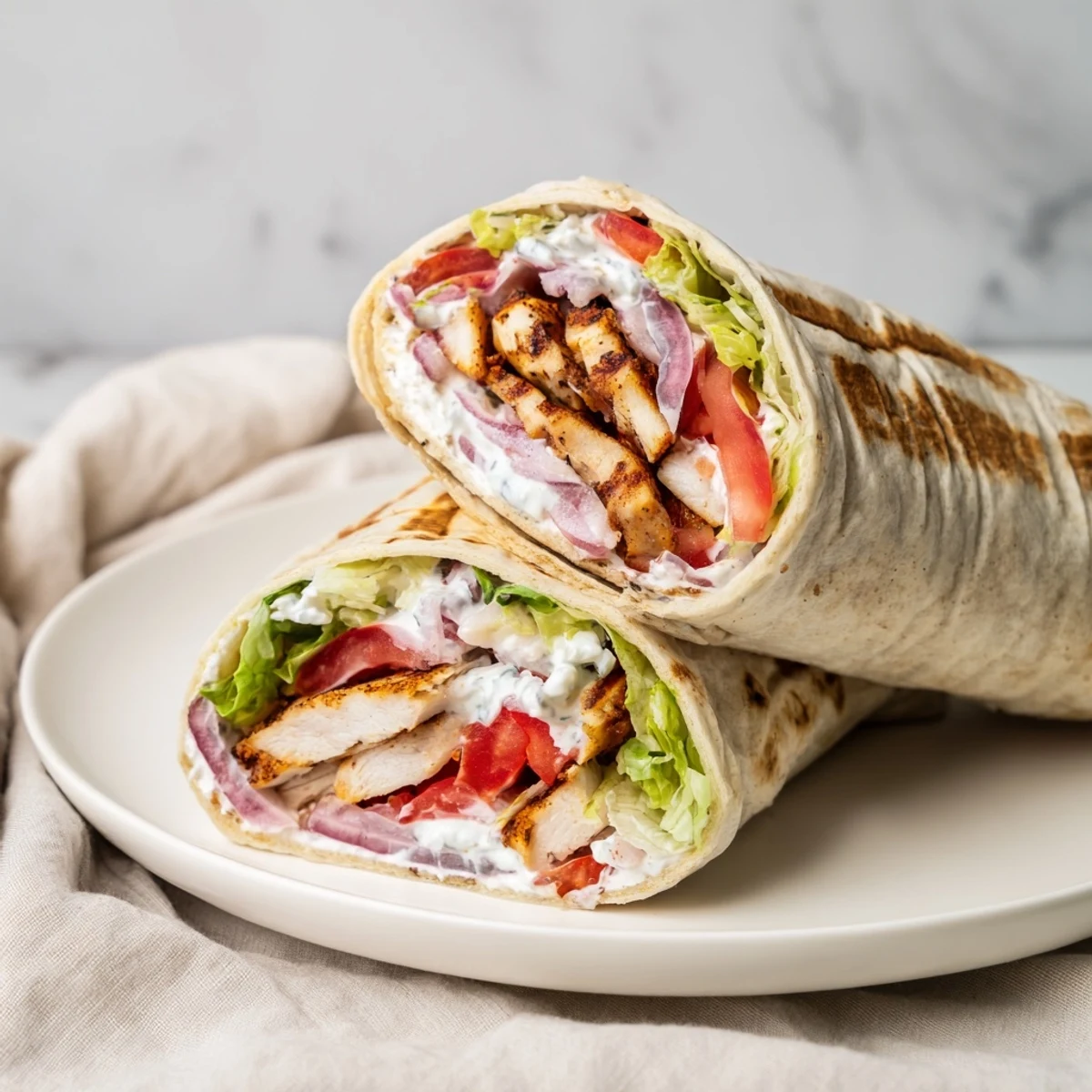 Golden high protein crispy cottage cheese flatbread chicken wraps loaded with fresh vegetables and savory grilled spiced chicken strips