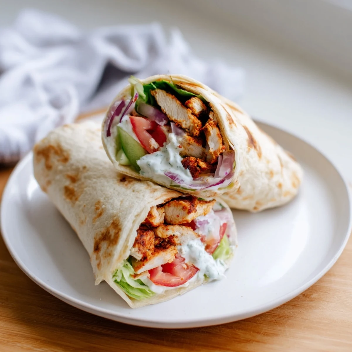 Protein-packed cottage cheese flatbread wrapped around juicy seasoned chicken breast with crisp lettuce tomato red onion and cool Greek yogurt