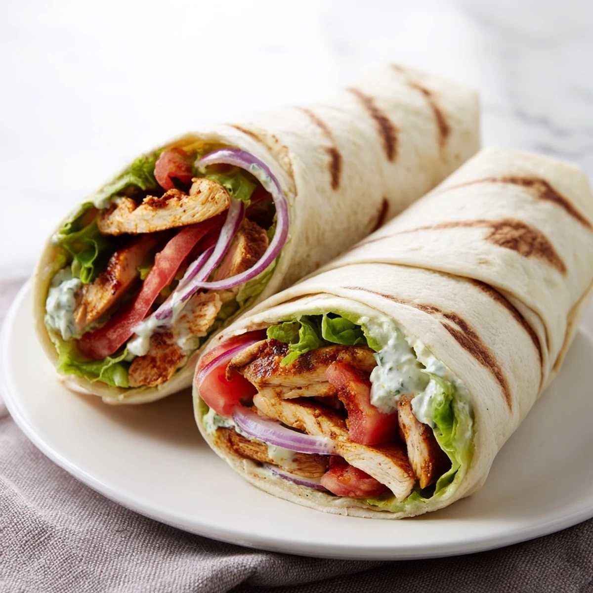 Homemade crispy cottage cheese flatbread chicken wraps featuring spiced grilled meat fresh vegetable toppings and creamy yogurt drizzle for a satisfying meal