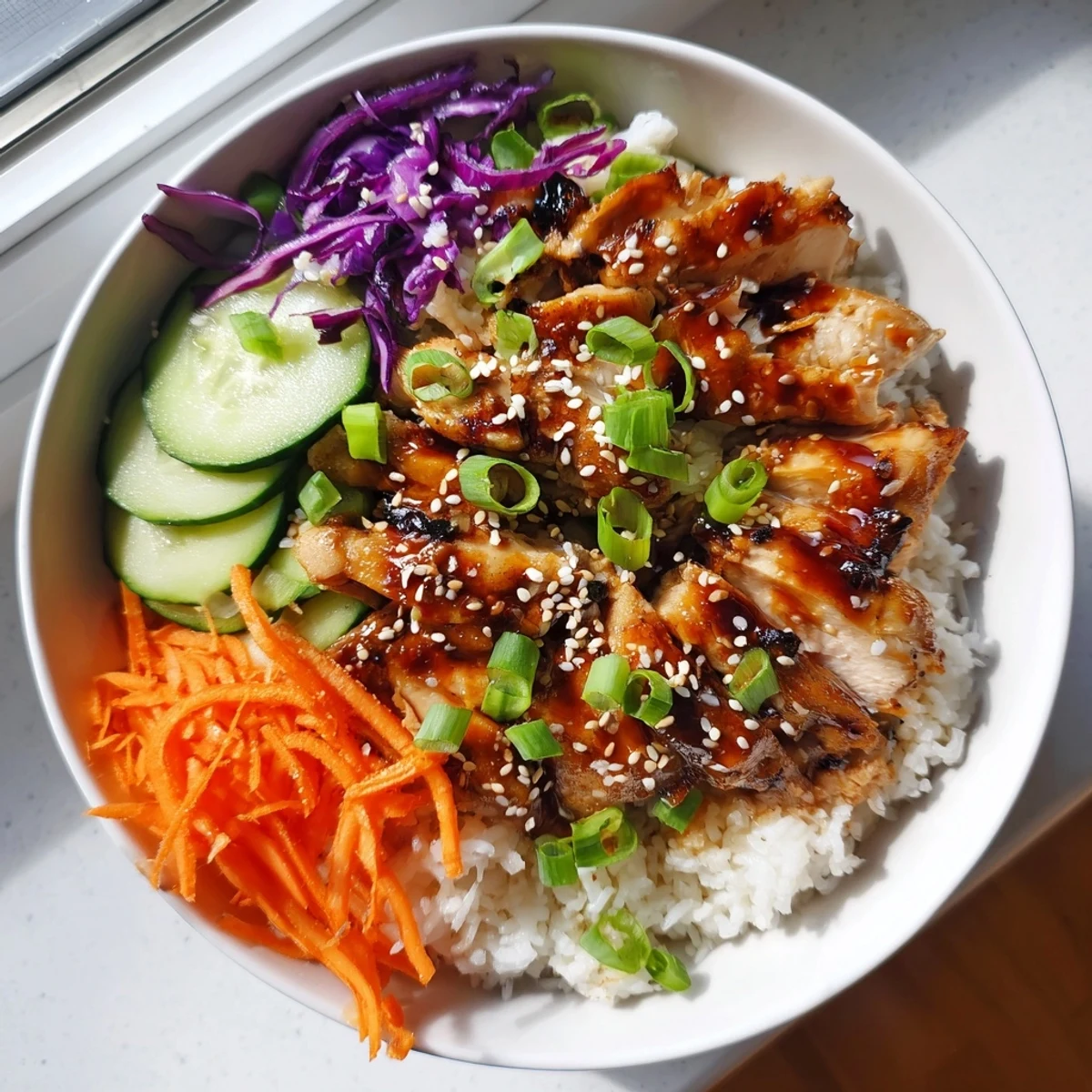 Korean BBQ chicken bowl featuring grilled glazed chicken atop fluffy rice with colorful vegetables