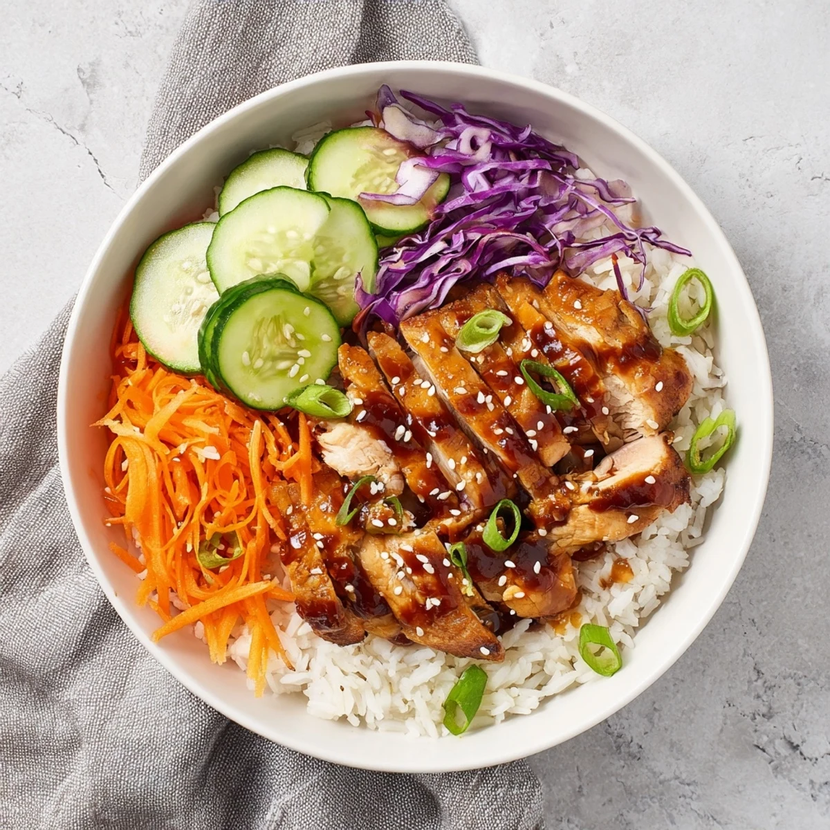 Homemade Korean BBQ chicken bowl with charred meat sesame seeds and crisp fresh toppings