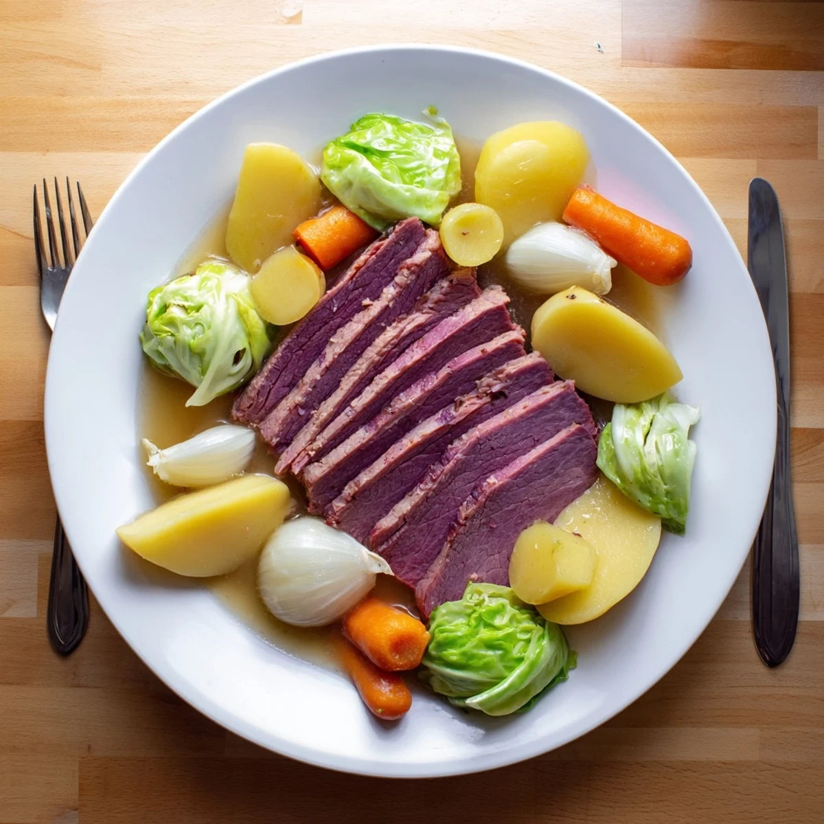 Slow cooker corned beef cabbage with tender sliced brisket, golden potatoes, carrots, and green cabbage wedges
