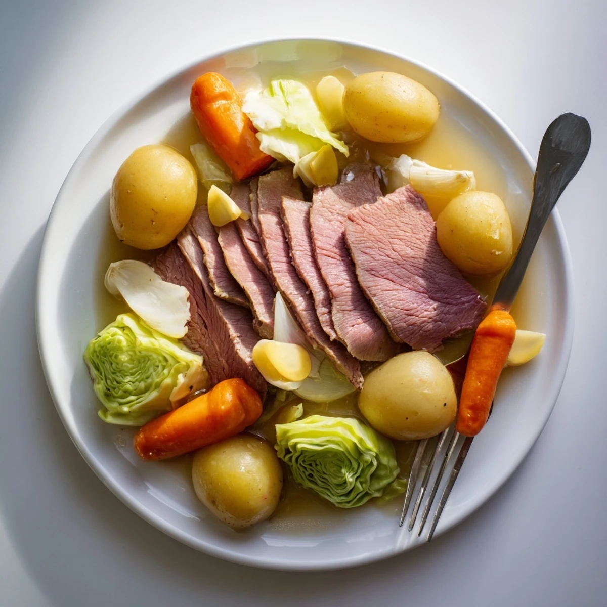 Comforting Irish-American corned beef and cabbage served in a bowl with savory broth and hearty vegetables
