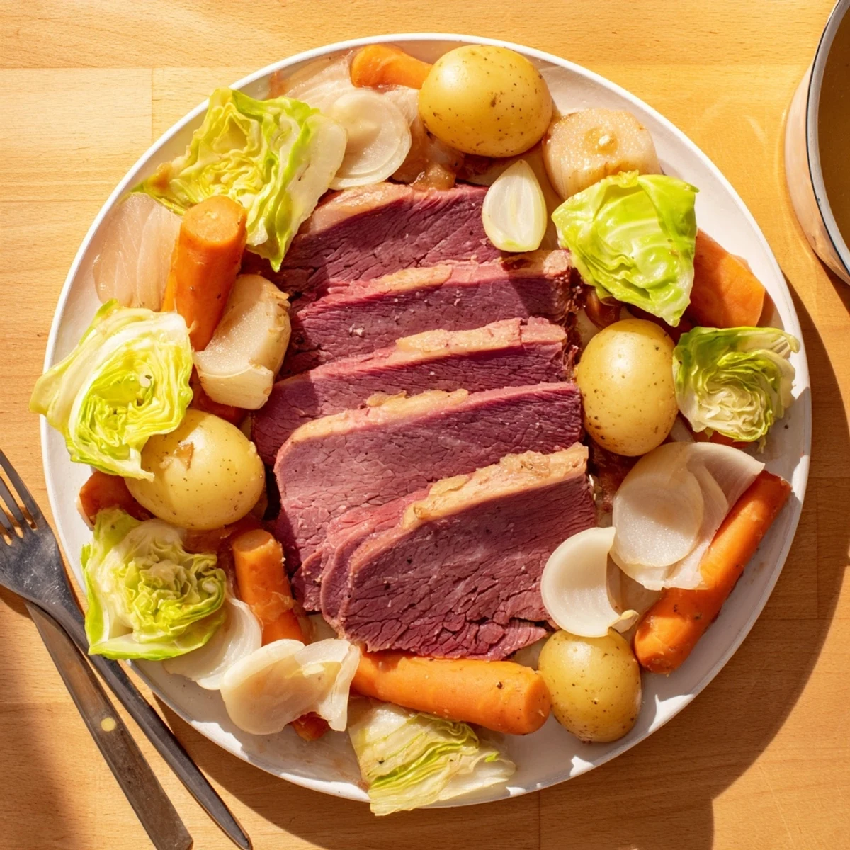 Glazed corned beef brisket atop slow-cooked cabbage, carrots, and potatoes in a rustic, family-style dinner presentation