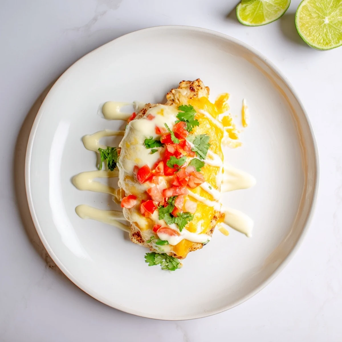 Golden grilled Fiesta Lime Chicken topped with melted cheddar and fresh pico de gallo