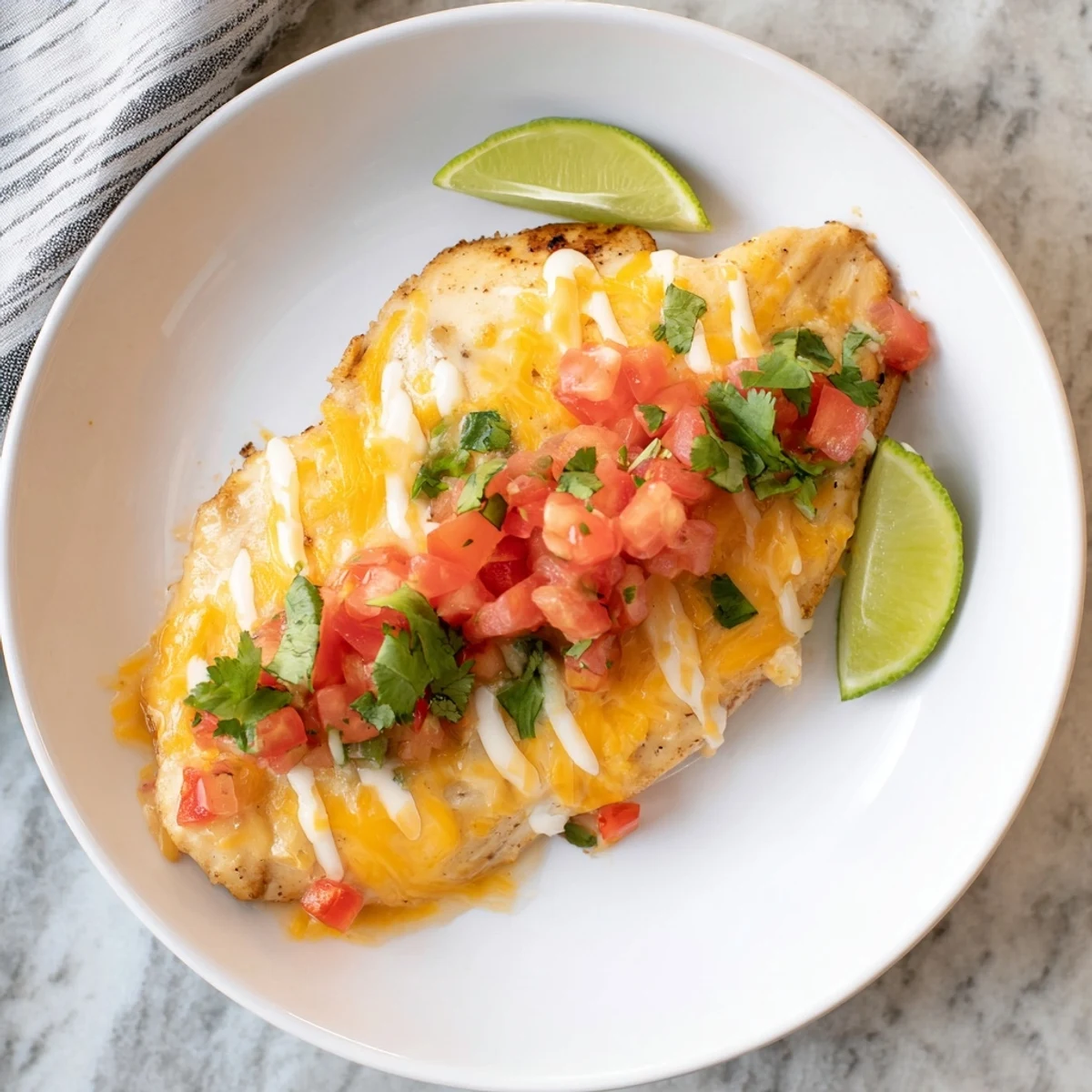 Charred Fiesta Lime Chicken breasts served with lime wedges and tangy fiesta sauce