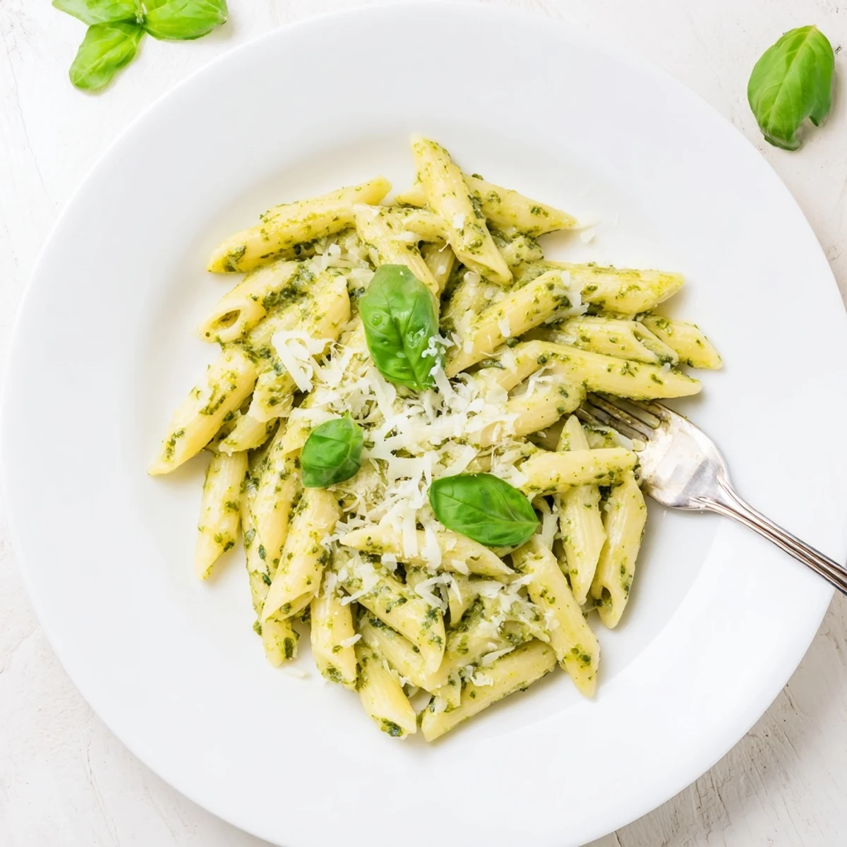 Creamy pesto pasta tossed in rich basil sauce with grated Parmesan cheese garnish