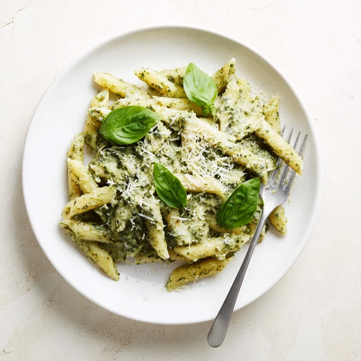 Steaming bowl of creamy pesto pasta coated in velvety green basil sauce