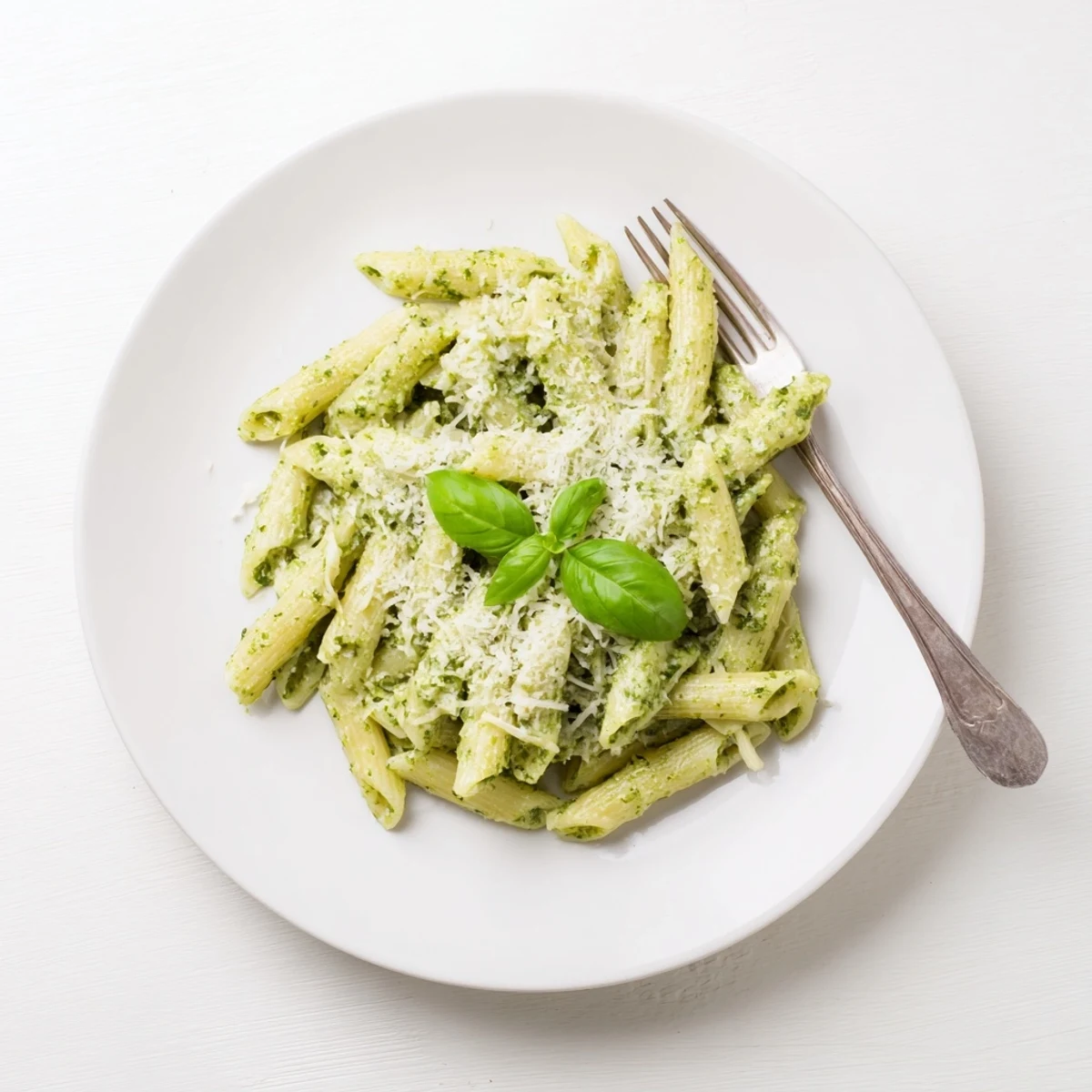 Close-up of penne pasta swimming in thick creamy pesto with fresh basil leaves