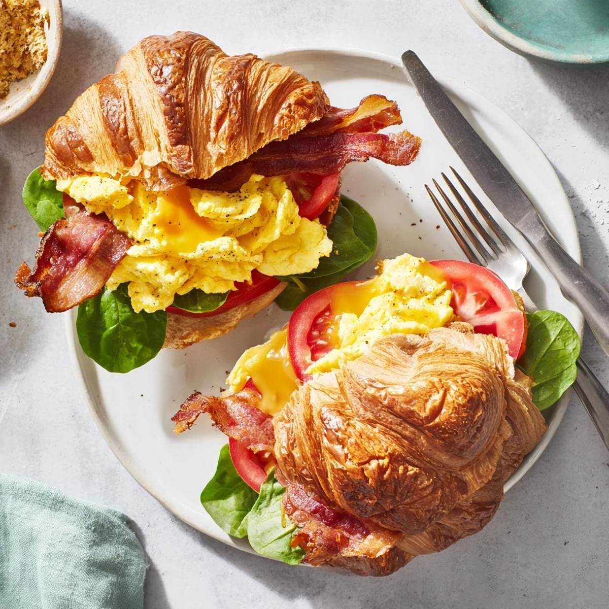 Golden flaky croissant breakfast sandwiches stacked with fluffy scrambled eggs, crispy bacon, and melted cheddar cheese