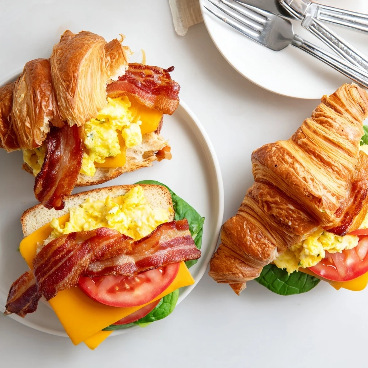 Savory croissant breakfast sandwiches featuring warm eggs, bacon, and fresh spinach on buttery, oven-warmed French pastries