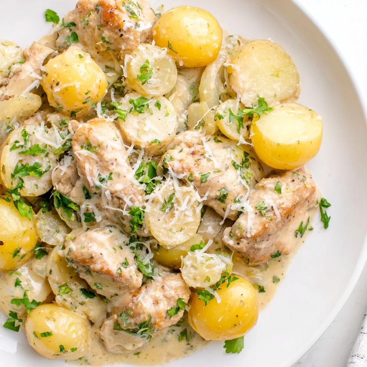 Hearty one-pot meal featuring seasoned chicken breasts and potatoes topped with melted parmesan cheese