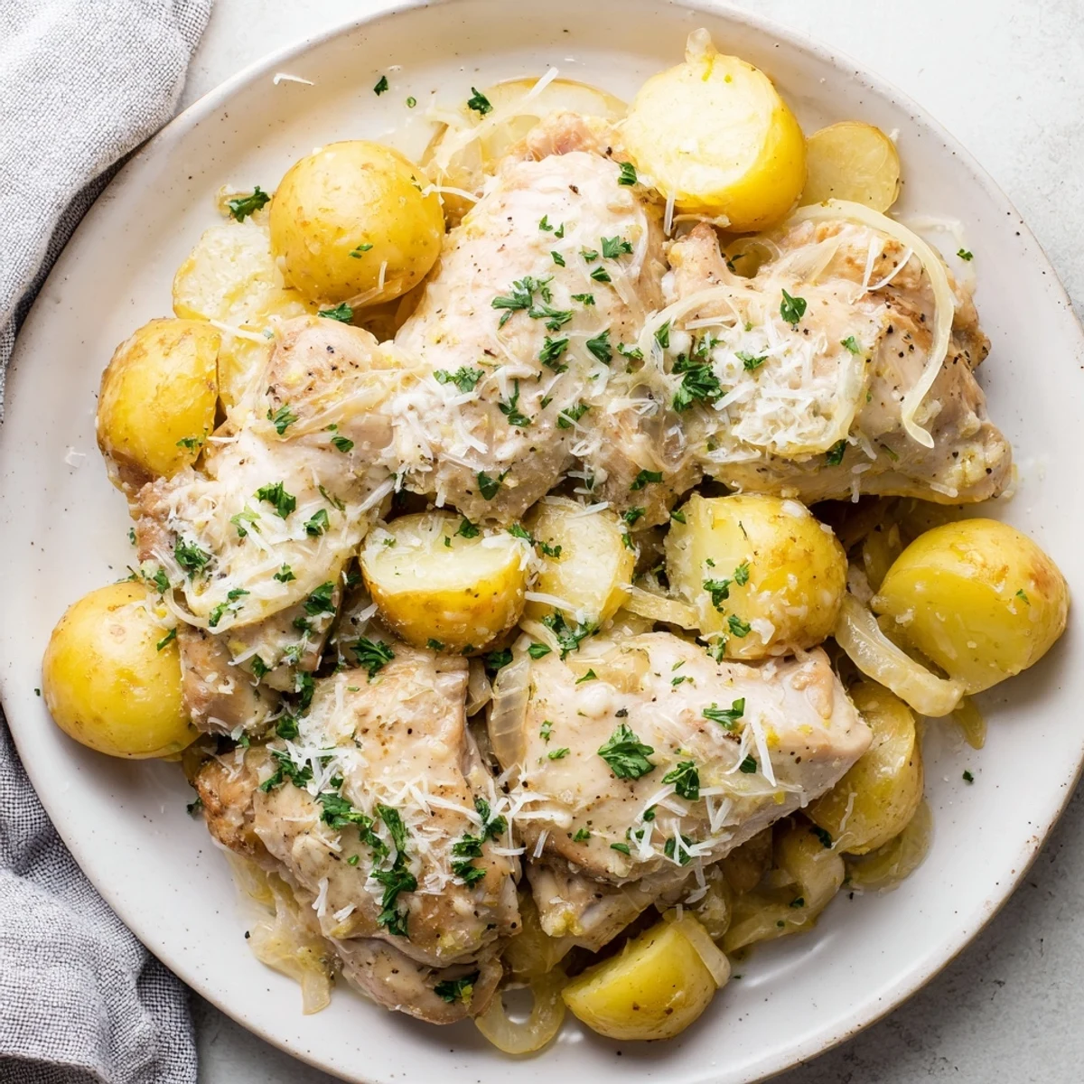 Golden slow cooker garlic parmesan chicken with tender baby potatoes in creamy sauce