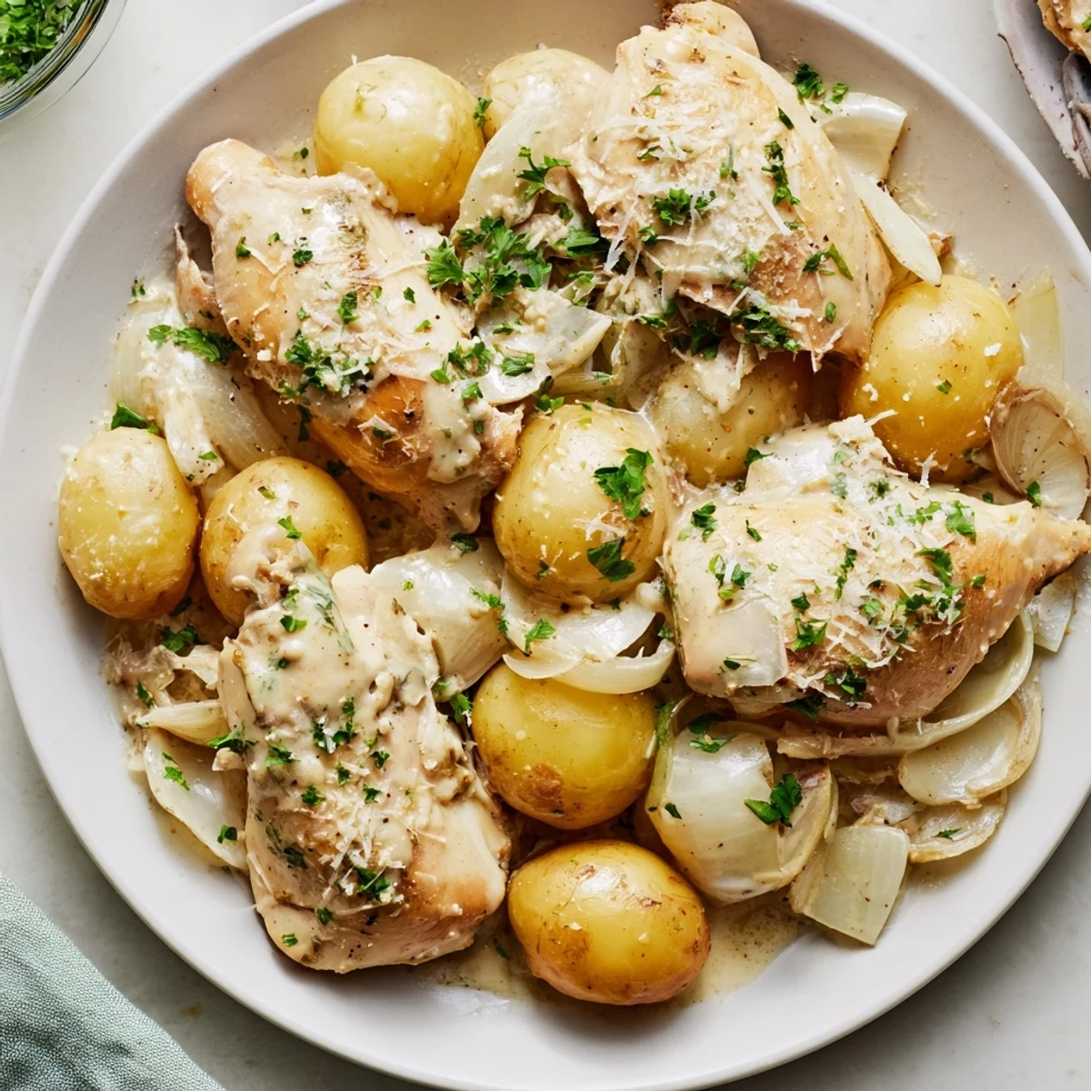 Comforting slow cooker chicken and potatoes infused with aromatic garlic and italian herbs