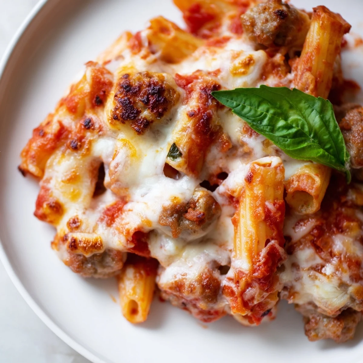 Slow cooker baked ziti with melted mozzarella and rich tomato sauce on a white serving dish