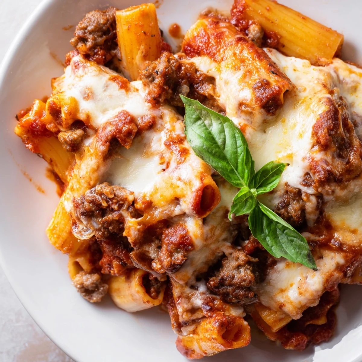 Golden baked ziti casserole with bubbling cheese topping and fresh basil garnish on a rustic wooden table