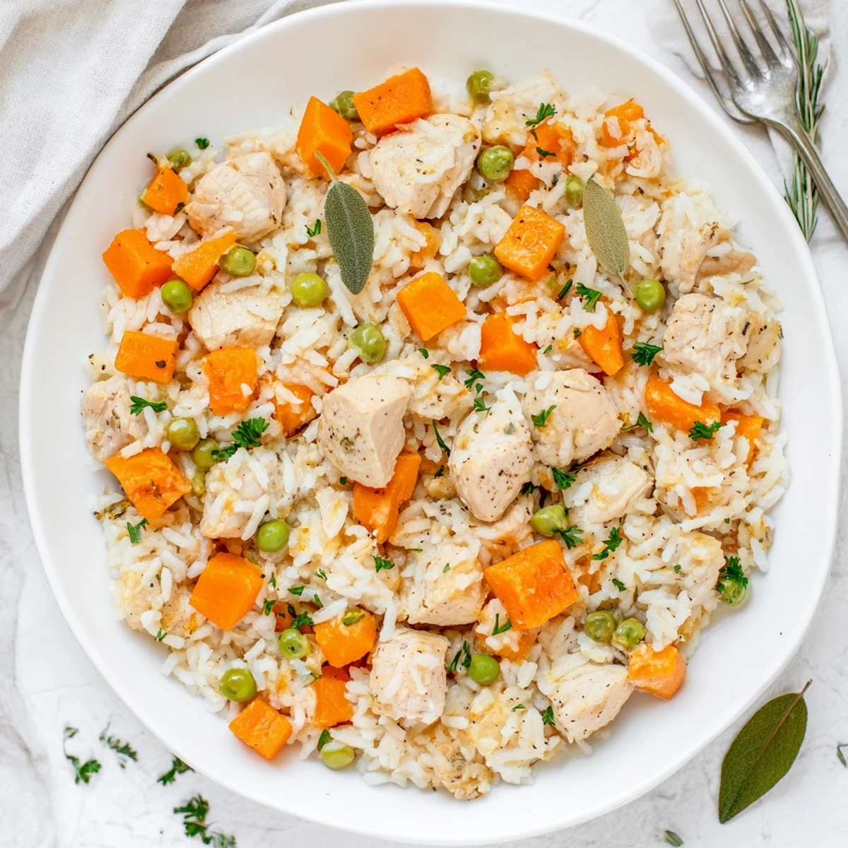 Golden Instant Pot chicken and rice with tender carrots and green peas in a bowl