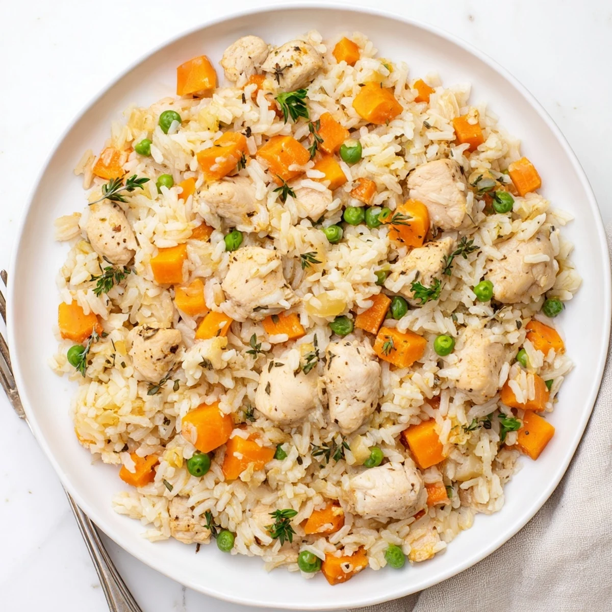 Comforting one-pot chicken and rice meal garnished with fresh parsley and colorful diced vegetables