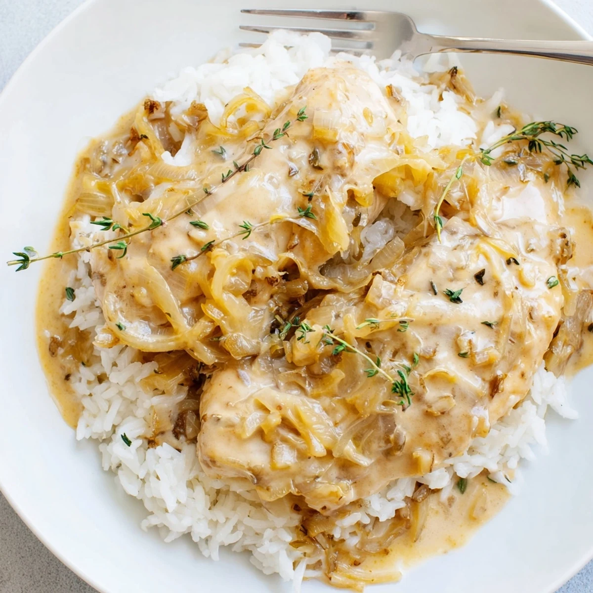 Golden brown chicken breasts rest atop creamy rice with melted Gruyère and caramelized onions in this French onion chicken rice skillet