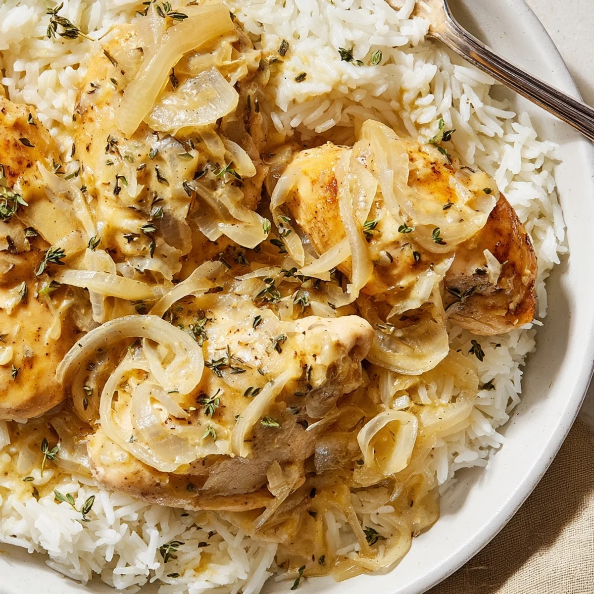 Hearty one-pot creamy French onion chicken rice served hot with melted shredded Gruyère and tender chicken pieces