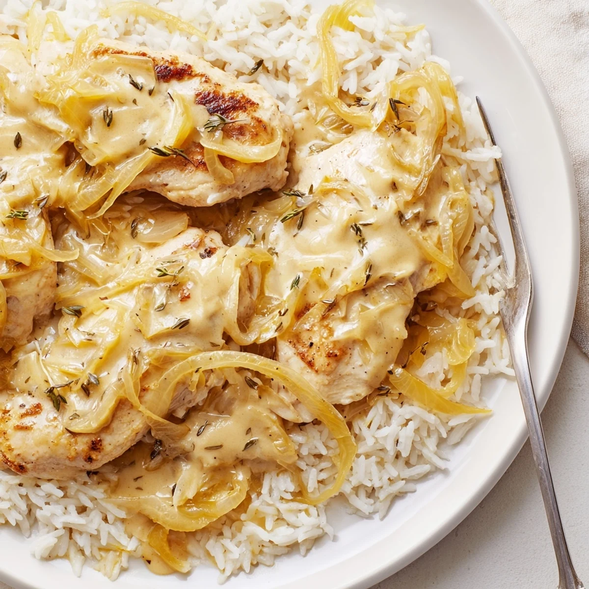 Creamy French onion chicken rice features tender chicken nestled in rich sauce with bubbling cheese and sweet caramelized onions