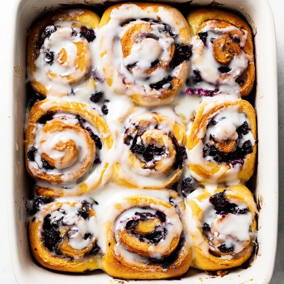 Freshly baked lemon blueberry rolls drizzled with tangy glaze on a serving platter