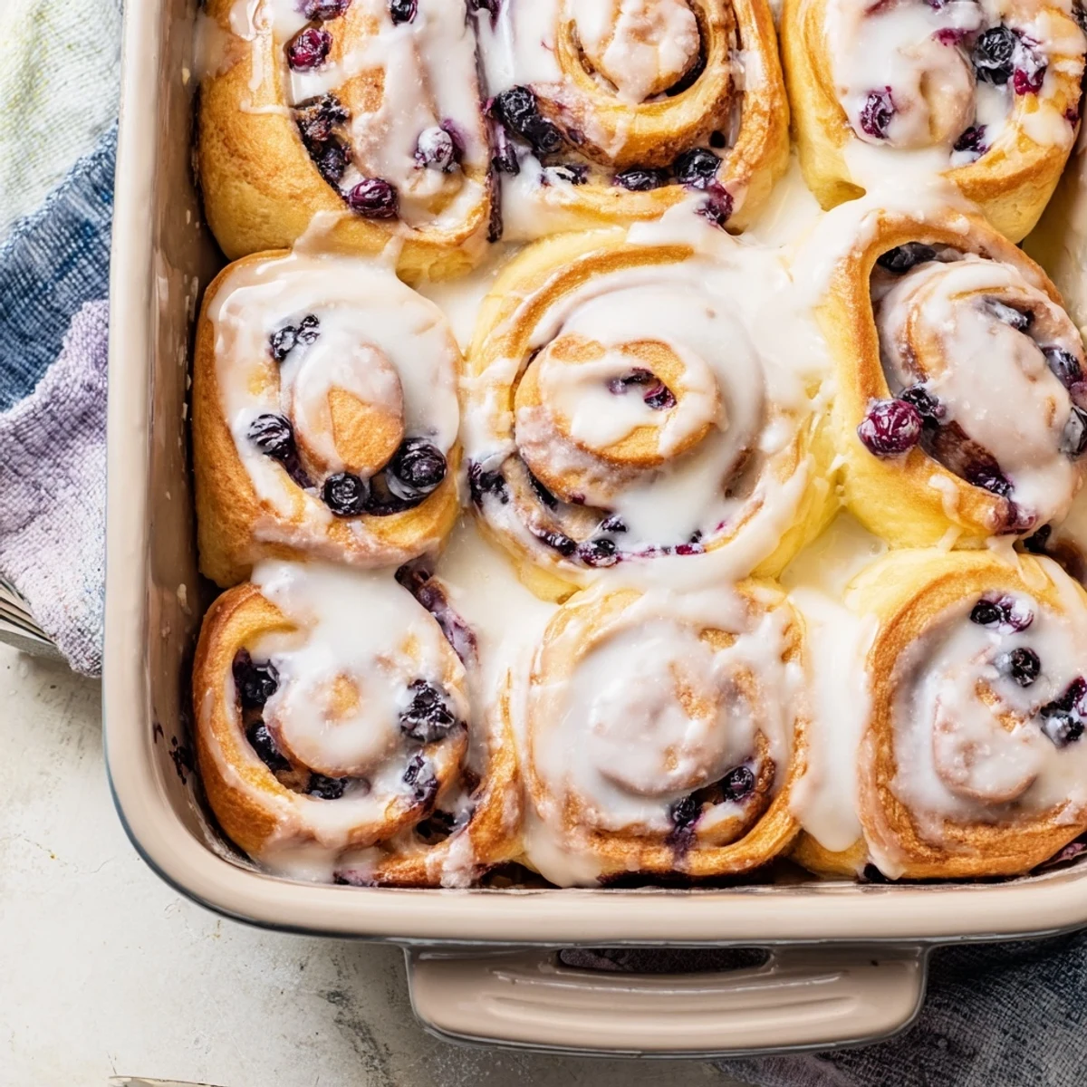 Warm fluffy breakfast rolls swirled with blueberries and coated in zesty lemon glaze