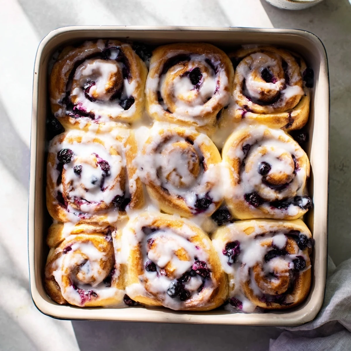 Golden spiral rolls featuring sweet blueberry filling and zest topped with lemon icing