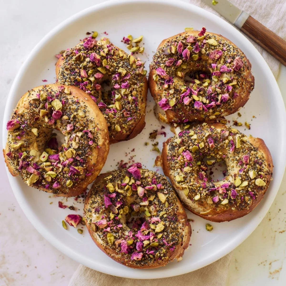 Freshly baked raspberry pistachio sourdough bagels topped with chopped nuts and colorful raspberry pieces