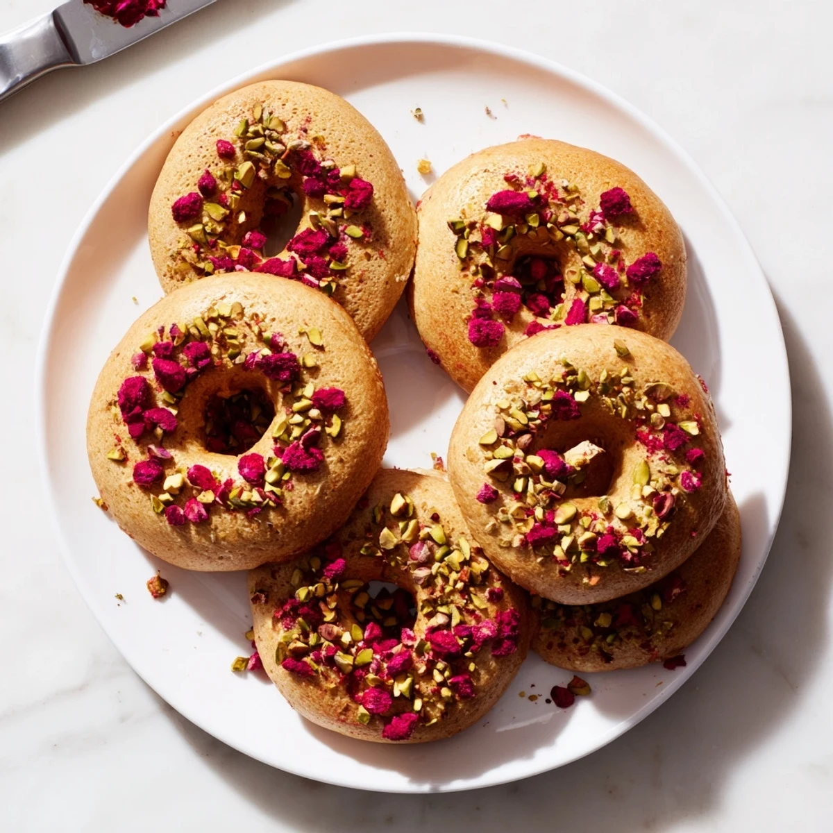 Golden brown raspberry pistachio sourdough bagels piled on a wire rack after baking