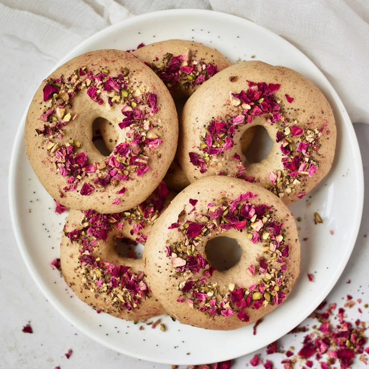 Close-up of chewy raspberry pistachio sourdough bagels studded with bright red raspberries and green nuts