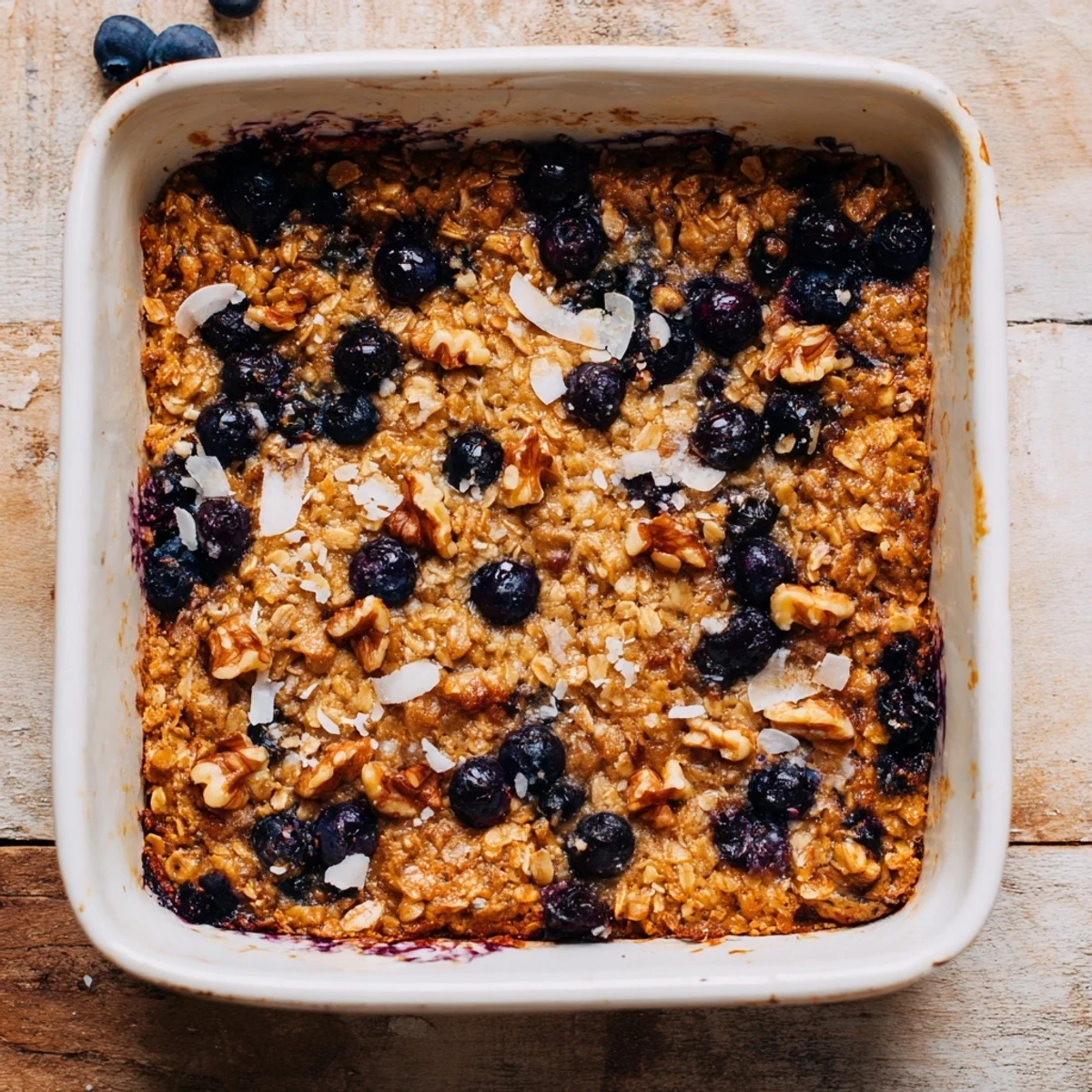 Golden baked lemon blueberry oatmeal topped with juicy berries and a dusting of sugar