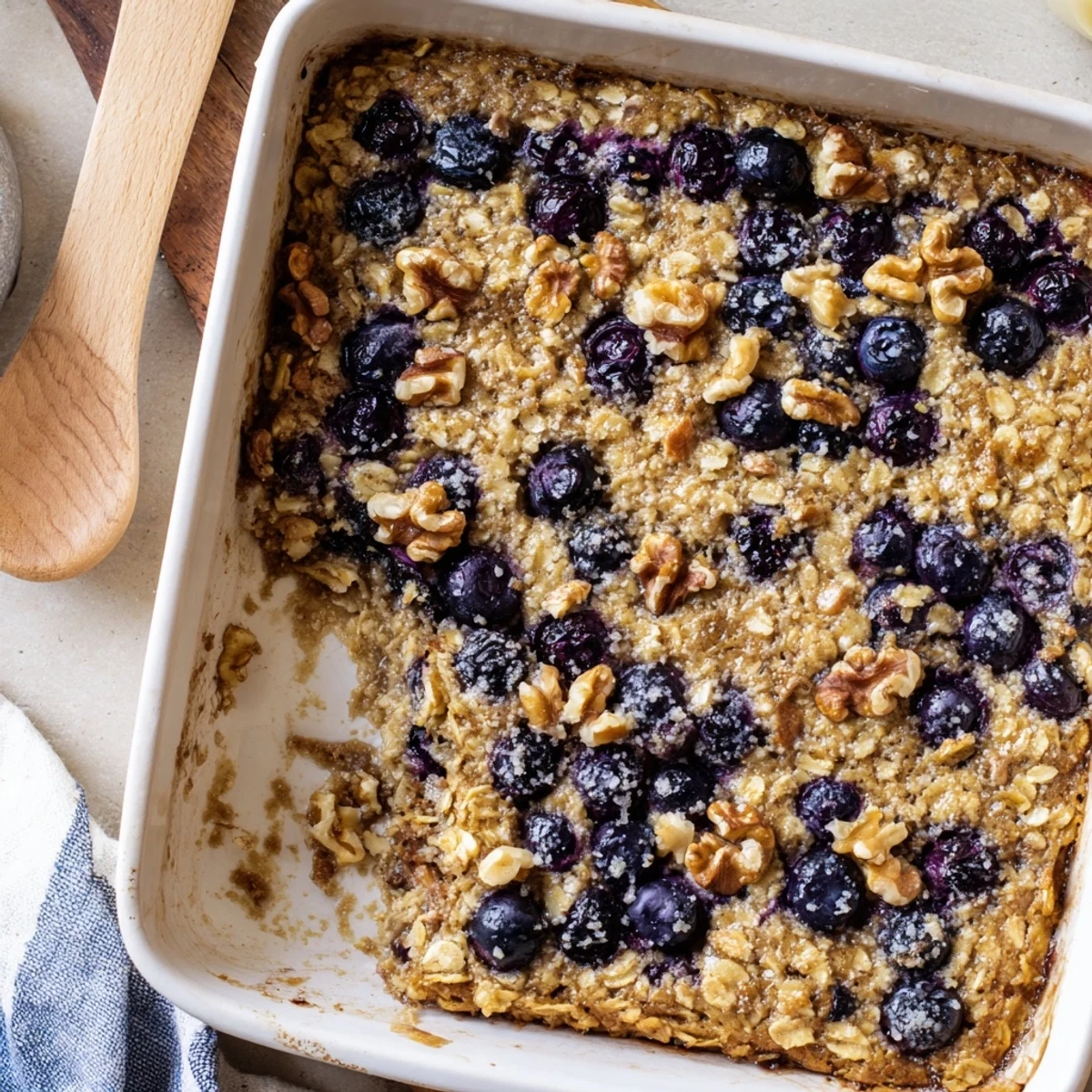 Wholesome breakfast casserole with oats blueberries and bright lemon zest baked until golden brown