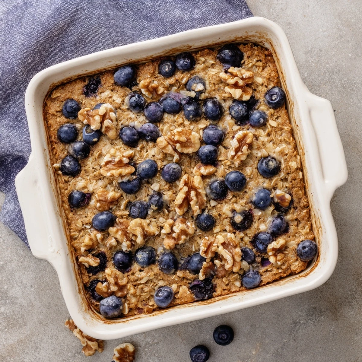 Fresh blueberries nestled in tender lemon infused baked oatmeal served warm in a square dish