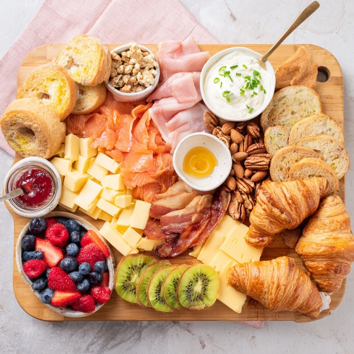 Vibrant breakfast charcuterie board arranged with prosciutto, cheeses, fresh berries, and pastries on a wooden platter