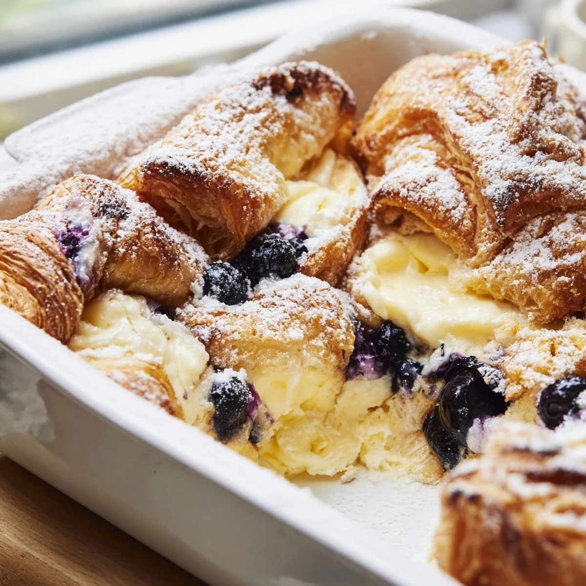 Golden blueberry cream cheese croissant casserole with juicy berries peeking through buttery pastry layers