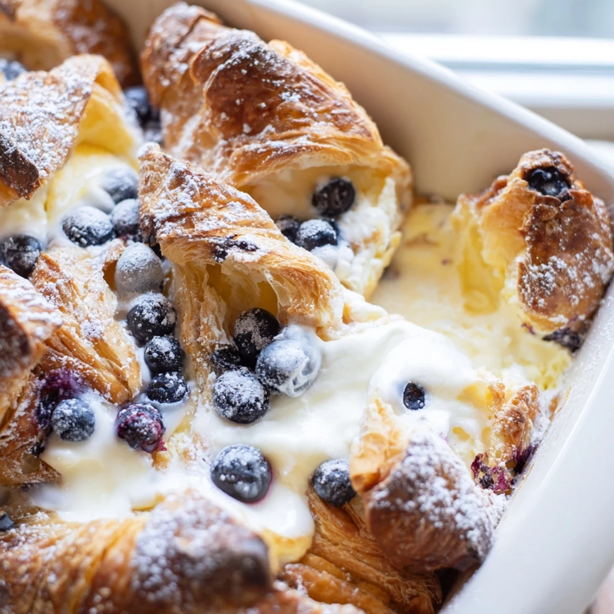Baked breakfast casserole featuring cream cheese stuffed croissants and sweet blueberries ready for brunch