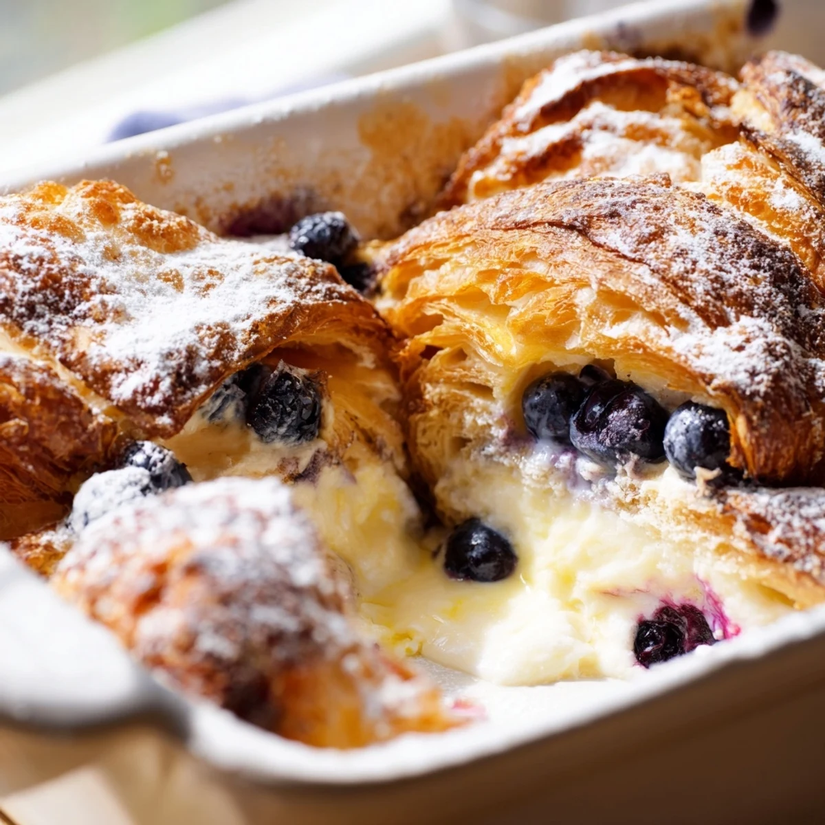 Warm blueberry cream cheese croissant casserole dusted with powdered sugar and fresh blueberries on top