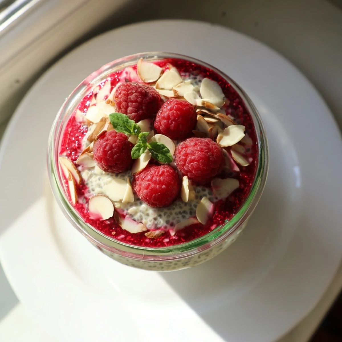 Glass jar layered with creamy raspberry chia pudding sweetened with maple syrup and topped with fresh berries