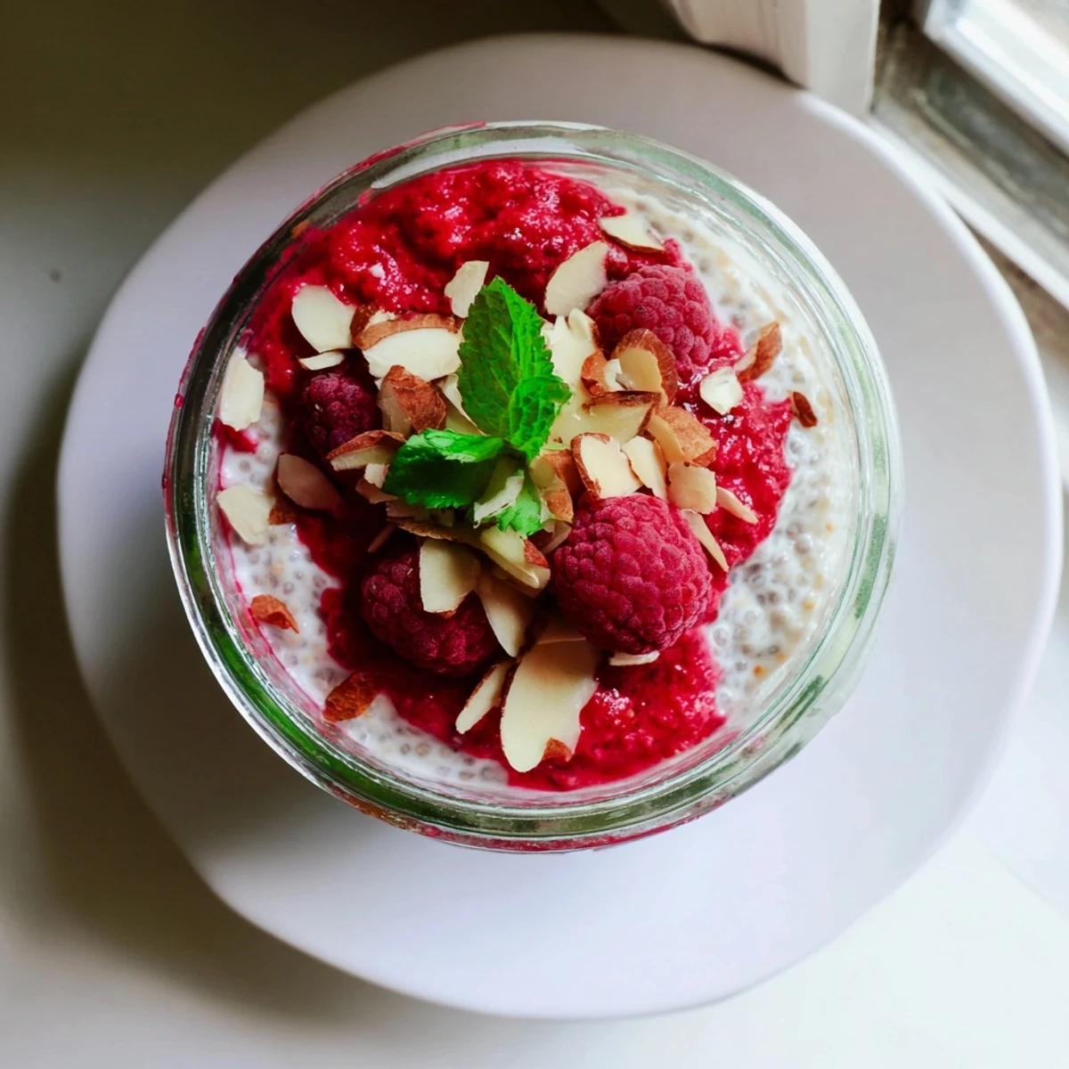 Vegan raspberry chia pudding sweetened naturally with maple syrup featuring vibrant red swirls and mint garnish