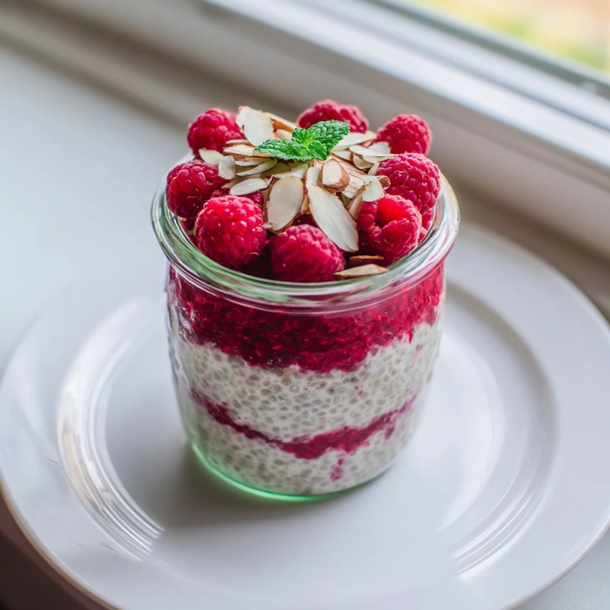 Creamy chia pudding layered with sweet raspberry maple mixture and fresh raspberries in clear serving glasses