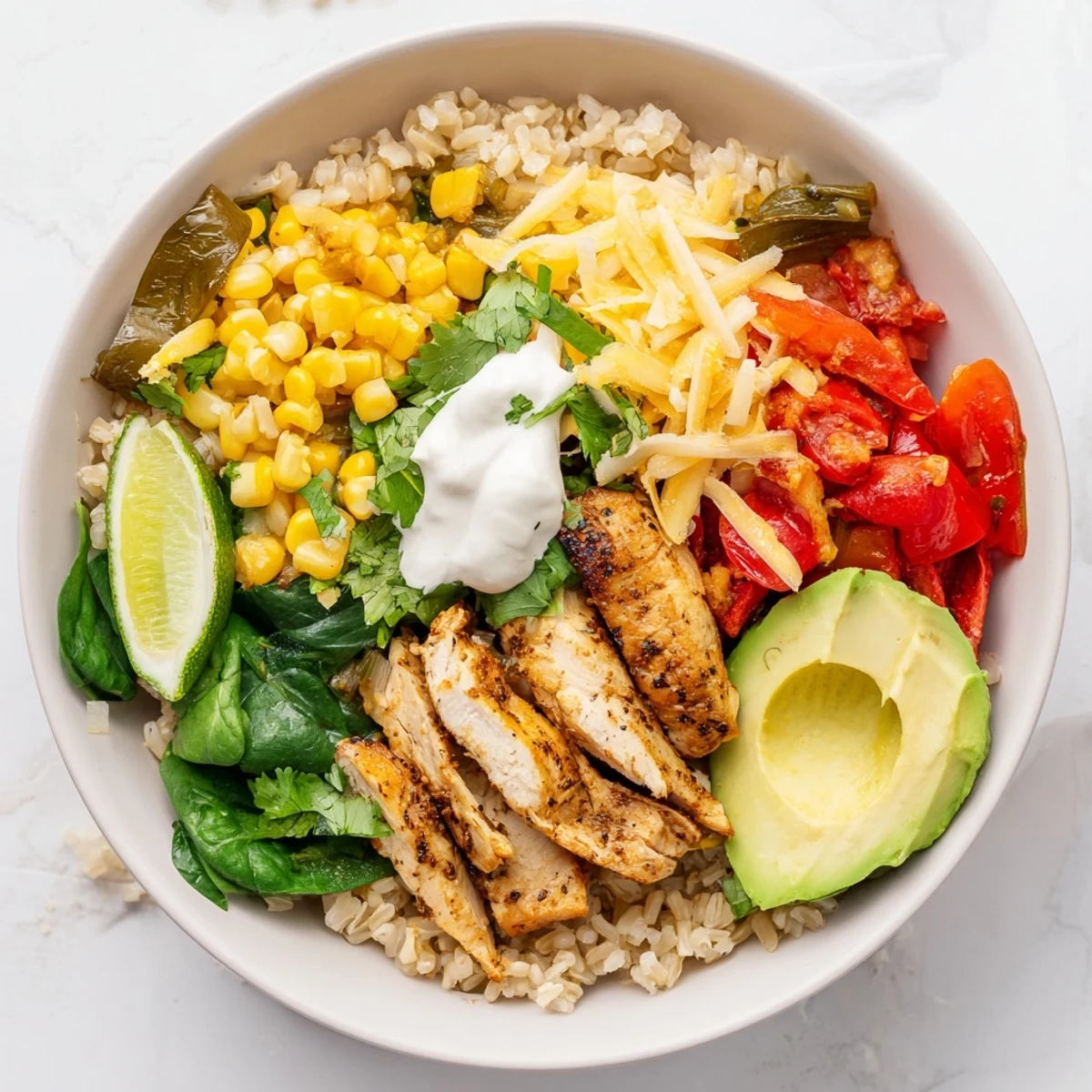 Hearty Southwest Spice Green Chile Bowl featuring seasoned chicken, roasted peppers, and fresh garnishes